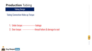 Eng.Elsayed Amer
P
A
G
E
110
Well
completion
Production Tubing
Tubing Design
Tubing Connection Make up Torque
1. Under torque ------------------ leakage
2. Over torque ------------------thread failure & damage to seal
 