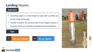 Eng.Elsayed Amer
P
A
G
E
116
Well
completion
Landing Nipples
Applications
▪ A landing nipple is a short length of pipe with a profile cut
on the inside of the pipe.
▪ Provide a location for wireline tools to be hanged in place in
locations which are carefully considered during installation
Types
X Selective Nipples XN No-go nipples
 