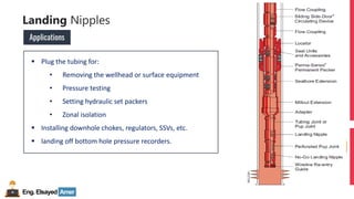 Eng.Elsayed Amer
P
A
G
E
118
Well
completion
Landing Nipples
Applications
▪ Plug the tubing for:
• Removing the wellhead or surface equipment
• Pressure testing
• Setting hydraulic set packers
• Zonal isolation
▪ Installing downhole chokes, regulators, SSVs, etc.
▪ landing off bottom hole pressure recorders.
 