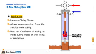 Eng.Elsayed Amer
P
A
G
E
132
Well
completion
Eng.Elsayed Amer
D. Side Sliding Door SSD
Well Completion
◉ Application:
known as Sliding Sleeves
Allows communication from the
annulus to the tubing.
Used for Circulation of casing to
inside tubing incase of well killing
or production.
Sliding Side
Door (SSD)
 