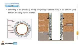 24
Eng.Elsayed Amer
P
A
G
E
24
Well
completion
Eng.Elsayed Amer
Cement Integrity
Well Drilling
▪ Cementing is the process of mixing and placing a cement slurry in the annular space
between the casing and the borehole.


Borehole
Cement
casing
Borehole
Open hole
Cement
Casing
 