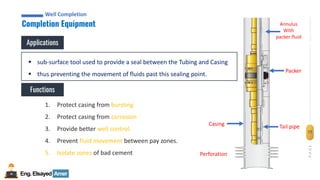 Eng.Elsayed Amer
P
A
G
E
77
Well
completion
Well Completion
Completion Equipment
Well Completion
Applications
▪ sub-surface tool used to provide a seal between the Tubing and Casing
▪ thus preventing the movement of fluids past this sealing point.
Functions
1. Protect casing from bursting
2. Protect casing from corrosion
3. Provide better well control.
4. Prevent fluid movement between pay zones.
5. Isolate zones of bad cement Perforation
Tail pipe
Packer
Annulus
With
packer fluid
Casing
 