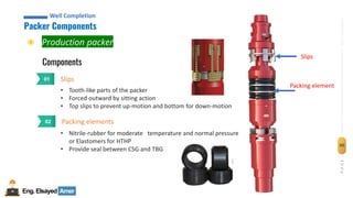 Eng.Elsayed Amer
P
A
G
E
80
Well
completion
Well Completion
Packer Components
Well Completion
Components
◉ Production packer
Slips
01
• Tooth-like parts of the packer
• Forced outward by sitting action
• Top slips to prevent up-motion and bottom for down-motion
Packing elements
02
Slips
Packing element
• Nitrile-rubber for moderate temperature and normal pressure
or Elastomers for HTHP
• Provide seal between CSG and TBG
 