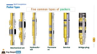 Eng.Elsayed Amer
P
A
G
E
82
Well
completion
Well Completion
Packer Types
Well Completion
Five common types of packers
Mechanical set Hydraulic-
set
Permane
nt
Service Bridge plug
 