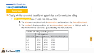 Eng.Elsayed Amer
P
A
G
E
97
Well
completion
Eng.Elsayed Amer
Tubing Specifications
Well Completion
Tubing Grade
Steel grade: there are mainly two different types of steel used to manufacture tubing:
▪ API standard steels J55, C75, L80, N80, C90 and P105.
1. The letter represent the chemical composition and sometimes the thermal treatment.
2. The number following the letter is the minimum body yield stress in 1000 psi and it is
the minimum body yield stress guaranteed by the manufacturer’s.
 
