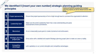 We identified 5 [insert your own number] strategic planning guiding
principles
10
1 Ensure that project sponsorship is from a high enough level to command the organization's attention.
2 Make sure the entire Leadership Team has a real understanding and gives
endorsement of time commitment.
Project sponsorship
Leadership team
Additional Real-life examples from strategic
planning projects we did for Global Fortune 1000
firms
3 Go at a reasonably quick pace to create momentum and enthusiasm.
4 Drive action with a detailed and explicit Strategic planning project plan to make our vision a reality.
5
Momentum
Strategic planning
project plan
Let’s capitalize on our current strengths and competitive advantages.
Competitive
advantages
 