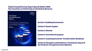 19 October t 2021
Section 1: Enabling Environment
Section 2: Human Capital
Section 3: Markets
Section 4: Innovation Ecosystem
Section 5: Assessing Countries’ Transformation Readiness
Section 6: Disruption and Resilience: Tracking the Impact of
the Pandemic Through Executive Opinions
Global Competitiveness Report Special Edition 2020:
How Countries are Performing on the Road to Recovery
 
