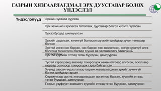 Үндэслэлүүд Эрхийн хугацаа дууссан
Эрх эзэмшигч эрхээсээ татгалзах, дуусгавар болгох хүсэлт гаргасан
Эрхээ бусдад шилжүүлсэн
Эрхийг цуцалсан, хүчингүй болгосон шүүхийн шийдвэр хүчин төгөлдөр
болсон
Эрхтэй иргэн нас барсан, нас барсан гэж зарлагдсан, эсхүл сураггүй алга
болсонд тооцогдсон бөгөөд түүний өв залгамжлагч байхгүй нь
тогтоогдсон;
Эрхтэй хуулийн этгээд татан буугдсан, дампуурсан
Тусгай хэрэгцээнд авахаар тохиролцож нөхөн олговор олгосон, эсхүл өөр
газраар солихоор тохиролцож гэрээ байгуулсан
Хуульд заасан үндэслэлээр газрын хязгаарлагдмал эрхийг хүчингүй
болгох шийдвэр гарсан
Сервитутээр эрх нь хязгаарлагдсан иргэн нас барсан, хуулийн этгээд
татан буугдсан, дампуурсан
Газрын узуфрукт эзэмшигч хуулийн этгээд татан буугдсан, дампуурсан
 