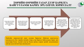 Амины орон сууц барих,
албан байгууллагын
болон худалдаа,
үйлчилгээний барилга
барих
Үйлдвэр, үйлчилгээний
барилга барих, амралт,
аялал жуулчлалын
барилга байгууламж,
цогцолбор барих
Зам, шугам сүлжээ барих,
цахилгаан, эрчим хүчний
байгууламж, цамхаг
барих
Ус хангамж, ариутгах
татуургын байгууламж
барих, дулаан, хий
дамжуулах, хөргөх
барилга байгууламж
барих
Харилцаа, холбооны
барилга байгууламж,
цамхаг барих, нүхэн гарц,
газар доор байгууламж
барих, гүүр, дүүжин гүүр
барих, нийтийн
зориулалттай орон сууц
барих
Уул уурхай эрхлэх, ашигт
малтмал, газрын тос,
байгалийн хий ашиглах,
усан тээврийн зорилгоор
орчны газрыг ашиглах,
биеийн тамир, спортын
зорилгоор спорт
цогцолборын дэвсгэр
газар, орчны талбайг
ашиглах
Нийтийн зориулалттай орон сууцны барилгыг байнгын ашиглалтад
шилжүүлсэн бол төрийн өмчийн газар дээр барилга байгууламж барих эрх
дуусгавар болж, түүний дэвсгэр болон орчны газрын эрхийг кондоминиум
эрхээр сууц өмчлөгчдөд шилжүүлнэ
 