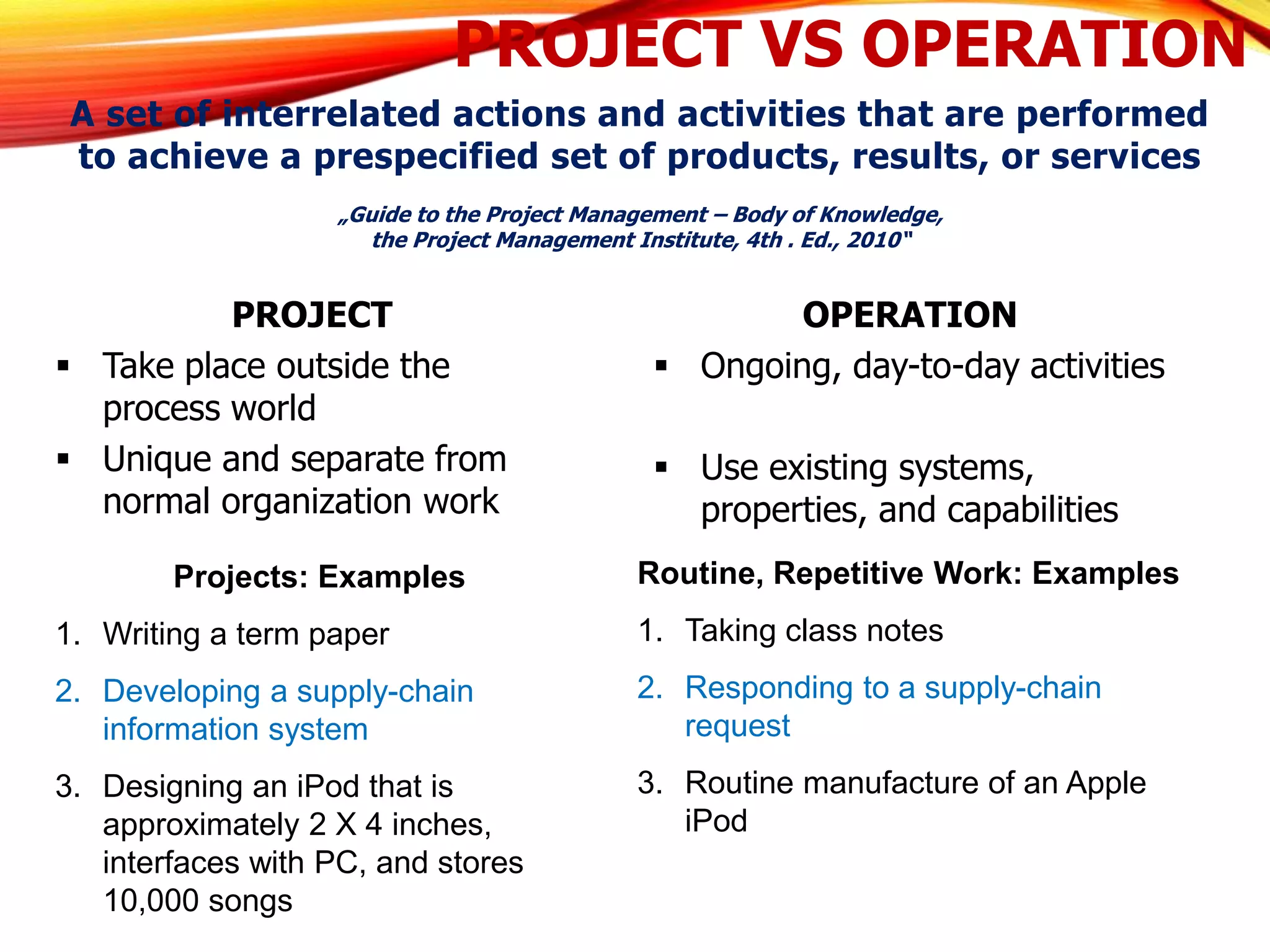 PROJECT VS OPERATION
PROJECT
 Take place outside the
process world
 Unique and separate from
normal organization work
OPERATION
 Ongoing, day-to-day activities
 Use existing systems,
properties, and capabilities
A set of interrelated actions and activities that are performed
to achieve a prespecified set of products, results, or services
„Guide to the Project Management – Body of Knowledge,
the Project Management Institute, 4th . Ed., 2010“
Routine, Repetitive Work: Examples
1. Taking class notes
2. Responding to a supply-chain
request
3. Routine manufacture of an Apple
iPod
Projects: Examples
1. Writing a term paper
2. Developing a supply-chain
information system
3. Designing an iPod that is
approximately 2 X 4 inches,
interfaces with PC, and stores
10,000 songs
 