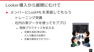 15
Looker導入から展開にむけて
● メンバーにLookMLを実装してもらう
○ トレーニング受講
○ 社内の実データを使ってモブプロ
■ 開発プラクティスを伝える
● 定義を追加/修正時に
どんな観点が必要か
● 定義の提供までのフロー
 