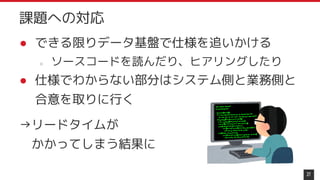 ● できる限りデータ基盤で仕様を追いかける
○ ソースコードを読んだり、ヒアリングしたり
● 仕様でわからない部分はシステム側と業務側と
合意を取りに行く
→リードタイムが
　かかってしまう結果に
27
課題への対応
 