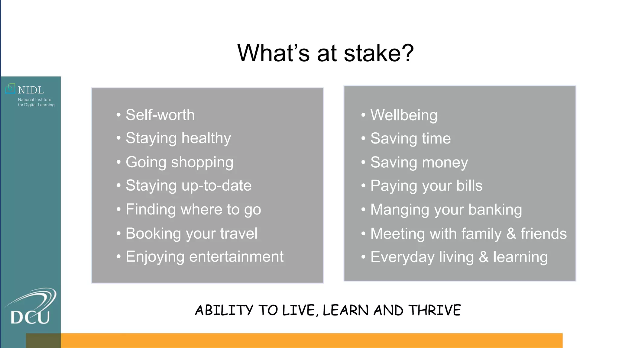 What’s at stake?
ABILITY TO LIVE, LEARN AND THRIVE
• Self-worth
• Staying healthy
• Going shopping
• Staying up-to-date
• Finding where to go
• Booking your travel
• Enjoying entertainment
• Wellbeing
• Saving time
• Saving money
• Paying your bills
• Manging your banking
• Meeting with family & friends
• Everyday living & learning
 