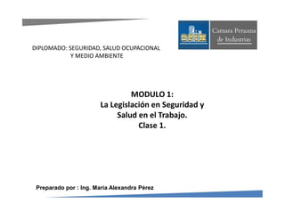 MODULO 1:
La Legislación en Seguridad y
Salud en el Trabajo.
Clase 1.
Preparado por : Ing. María Alexandra Pérez
DIPLOMADO: SEGURIDAD, SALUD OCUPACIONAL
Y MEDIO AMBIENTE
 