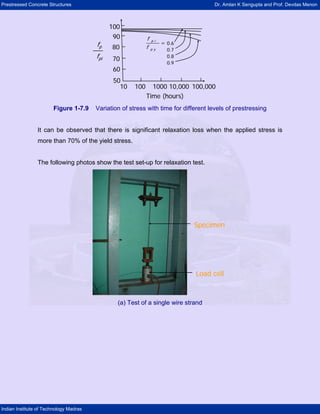 Prestressed Concrete Structures Dr. Amlan K Sengupta and Prof. Devdas Menon
Indian Institute of Technology Madras
100
90
80
70
60
50
10 100 1000 10,000 100,000
Time (hours)
fp
fpi
p i
p y
f
=
f
0.6
0.7
0.8
0.9
100
90
80
70
60
50
10 100 1000 10,000 100,000
Time (hours)
fp
fpi
p i
p y
f
=
f
0.6
0.7
0.8
0.9
Figure 1-7.9 Variation of stress with time for different levels of prestressing
It can be observed that there is significant relaxation loss when the applied stress is
more than 70% of the yield stress.
The following photos show the test set-up for relaxation test.
Load cell
Specimen
Load cell
Specimen
(a) Test of a single wire strand
 