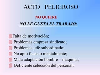ACTO PELIGROSO
NO QUIERE
NO LE GUSTA EL TRABAJO:
Falta de motivación;
 Problemas empresa sindicato;
 Problemas jefe subordinado;
 No apto física o mentalmente;
 Mala adaptación hombre – maquina;
 Deficiente selección del personal;
 
