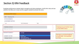 Employee performance reviews help to recognize and value employees, clarify their roles and see
whether the KRAs are in track and the support needed to achieve the same.
12
Employee to put his/her input
on each KRA’s status
Manager to provide feedback
on each KRA – On track/Not
on Track
Section 3) KRA Feedback
 