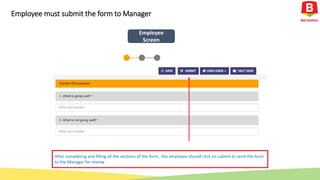 After completing and filling all the sections of the form , the employee should click on submit to send the form
to the Manager for review .
Employee
Screen
Employee must submit the form to Manager
 