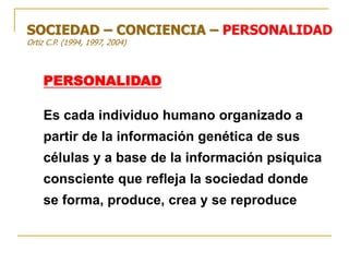 PERSONALIDAD
Es cada individuo humano organizado a
partir de la información genética de sus
células y a base de la información psíquica
consciente que refleja la sociedad donde
se forma, produce, crea y se reproduce
SOCIEDAD – CONCIENCIA – PERSONALIDAD
Ortiz C.P. (1994, 1997, 2004)
 