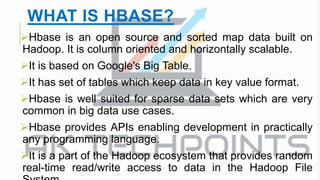 In a more simple and understanding way, we
can say HBase consists of:
•Set of tables
•Each table with column families and ...