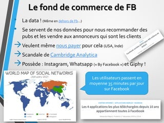 Le fond de commerce de FB
• La data ! (Même en dehors de Fb…)
• Se servent de nos données pour nous recommander des
pubs e...