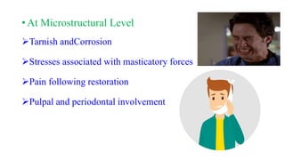 • At Microstructural Level
Tarnish andCorrosion
Stresses associated with masticatory forces
Pain following restoration
Pulpal and periodontal involvement
 