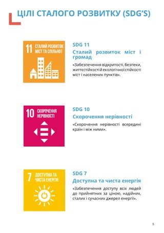 SDG 11
Сталий розвиток міст і
громад
«Забезпечення відкритості, безпеки,
життєстійкостійекологічноїстійкості
міст і населених пунктів».
SDG 10
Скорочення нерівності
«Скорочення нерівності всередині
країн і між ними».
SDG 7
Доступна та чиста енергія
«Забезпечення доступу всіх людей
до прийнятних за ціною, надійних,
сталих і сучасних джерел енергії».
5
ЦІЛІ СТАЛОГО РОЗВИТКУ (SDG’S)
 