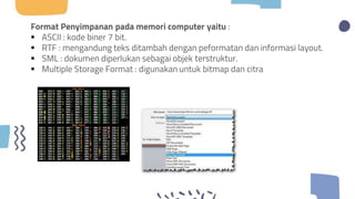 Format Penyimpanan pada memori computer yaitu :
 ASCII : kode biner 7 bit.
 RTF : mengandung teks ditambah dengan peformatan dan informasi layout.
 SML : dokumen diperlukan sebagai objek terstruktur.
 Multiple Storage Format : digunakan untuk bitmap dan citra
 