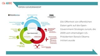 OPEN GOVERNMENT
Die Offenheit von öffentlichen
Daten geht auf die Open-
Government-Strategie zurück, die
2009 vom ehemaligen US-
Präsidenten Barack Obama
initiiert wurde
 