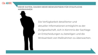MEHR DATEN, DAHER MEHR BEWUSSTSEIN FÜR STAATLICHE
MAßNAHMEN
Die Verfügbarkeit detaillierter und
aktueller Informationen ermöglicht es der
Zivilgesellschaft, sich in Kenntnis der Sachlage
an Entscheidungen zu beteiligen und die
Wirksamkeit von Maßnahmen zu überwachen.
 