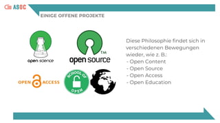 EINIGE OFFENE PROJEKTE
Diese Philosophie findet sich in
verschiedenen Bewegungen
wieder, wie z. B.:
- Open Content
- Open Source
- Open Access
- Open Education
 
