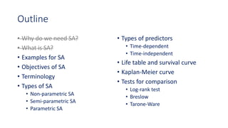 Outline
• Why do we need SA?
• What is SA?
• Examples for SA
• Objectives of SA
• Terminology
• Types of SA
• Non-parametric SA
• Semi-parametric SA
• Parametric SA
• Types of predictors
• Time-dependent
• Time-independent
• Life table and survival curve
• Kaplan-Meier curve
• Tests for comparison
• Log-rank test
• Breslow
• Tarone-Ware
 