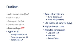 Outline
• Why do we need SA?
• What is SA?
• Examples for SA
• Objectives of SA
• Terminology GW
• Types of SA
• Non-parametric SA
• Semi-parametric SA
• Parametric SA
• Types of predictors
• Time-dependent
• Time-independent
• Life table and survival curve
• Kaplan-Meier curve
• Tests for comparison
• Log-rank test
• Breslow
• Tarone-Ware
 