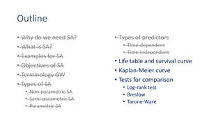 Outline
• Why do we need SA?
• What is SA?
• Examples for SA
• Objectives of SA
• Terminology GW
• Types of SA
• Non-parametric SA
• Semi-parametric SA
• Parametric SA
• Types of predictors
• Time-dependent
• Time-independent
• Life table and survival curve
• Kaplan-Meier curve
• Tests for comparison
• Log-rank test
• Breslow
• Tarone-Ware
 