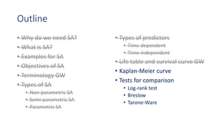 Outline
• Why do we need SA?
• What is SA?
• Examples for SA
• Objectives of SA
• Terminology GW
• Types of SA
• Non-parametric SA
• Semi-parametric SA
• Parametric SA
• Types of predictors
• Time-dependent
• Time-independent
• Life table and survival curve GW
• Kaplan-Meier curve
• Tests for comparison
• Log-rank test
• Breslow
• Tarone-Ware
 