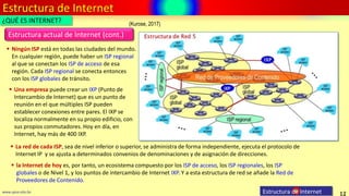 Estructura de Internet
12
www.upsa.edu.bo Estructura de Internet
¿QUÉ ES INTERNET?
Estructura actual de Internet (cont.)
 Ningún ISP está en todas las ciudades del mundo.
En cualquier región, puede haber un ISP regional
al que se conectan los ISP de acceso de esa
región. Cada ISP regional se conecta entonces
con los ISP globales de tránsito.
 Una empresa puede crear un IXP (Punto de
Intercambio de Internet) que es un punto de
reunión en el que múltiples ISP pueden
establecer conexiones entre pares. El IXP se
localiza normalmente en su propio edificio, con
sus propios conmutadores. Hoy en día, en
Internet, hay más de 400 IXP.
 La red de cada ISP, sea de nivel inferior o superior, se administra de forma independiente, ejecuta el protocolo de
Internet IP y se ajusta a determinados convenios de denominaciones y de asignación de direcciones.
 la Internet de hoy es, por tanto, un ecosistema compuesto por los ISP de acceso, los ISP regionales, los ISP
globales o de Nivel 1, y los puntos de intercambio de Internet IXP. Y a esta estructura de red se añade la Red de
Proveedores de Contenido.
(Kurose, 2017)
 