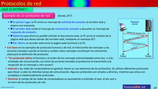 Protocolos de red
27
www.upsa.edu.bo
Ejemplo de un protocolo de red
 En primer lugar, la PC envía un mensaje de solicitud de conexión al servidor web y
espera una respuesta.
 El servidor web recibe el mensaje de solicitud de conexión y devuelve un mensaje de
respuesta de conexión.
Protocolos de red
¿QUÉ ES INTERNET?
 Sabiendo que ahora es posible solicitar el documento web, la PC envía el nombre de la
página web que desea extraer del servidor web, mediante un mensaje GET.
 Por último, el servidor web envía la pagina web (archivo) a la PC.
 Con base en los ejemplos de protocolo humano y de red, el intercambio de mensajes y las
acciones tomadas cuando se envían y reciben estos mensajes constituyen los elementos
clave para la definición de protocolo.
 “Un protocolo define el formato y el orden de los mensajes intercambiados entre dos o más
entidades de comunicación, así como las acciones tomadas al producirse la transmisión y/o
recepción de un mensaje u otro suceso”.
 Internet y las redes de computadoras en general, hacen un uso extensivo de los protocolos. Se utilizan diferentes protocolos
para llevar a cabo las distintas tareas de comunicación. Algunos protocoles son simples y directos, mientras que otros son
complejos e intelectualmente profundos.
 Dominar el campo de las redes de computadoras es equivalente a entender el qué, el por qué y
el cómo de los protocolos de red.
(Kurose, 2017)
 