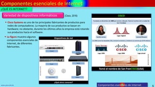 Componentes esenciales de Internet
5
www.upsa.edu.bo
 Cisco Systems es uno de los principales fabricantes de productos para
redes de computadoras. La mayoría de sus productos se basan en
hardware; no obstante, durante los últimos años la empresa está rotando
sus productos hacia el software.
Variedad de dispositivos informáticos
 La figura muestra algunos
componentes esenciales de
Internet, de diferentes
fabricantes.
¿QUÉ ES INTERNET?
Componentes esenciales de Internet
(Cisco, 2016)
 