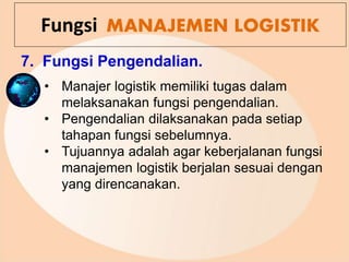 7. Fungsi Pengendalian.
Fungsi MANAJEMEN LOGISTIK
• Manajer logistik memiliki tugas dalam
melaksanakan fungsi pengendalian.
• Pengendalian dilaksanakan pada setiap
tahapan fungsi sebelumnya.
• Tujuannya adalah agar keberjalanan fungsi
manajemen logistik berjalan sesuai dengan
yang direncanakan.
 