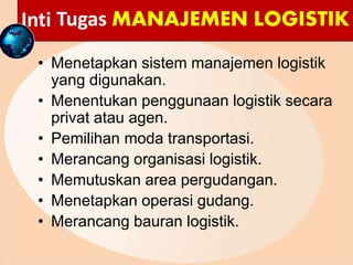 Inti
• Menetapkan sistem manajemen logistik
yang digunakan.
• Menentukan penggunaan logistik secara
privat atau agen.
• Pemilihan moda transportasi.
• Merancang organisasi logistik.
• Memutuskan area pergudangan.
• Menetapkan operasi gudang.
• Merancang bauran logistik.
Tugas MANAJEMEN LOGISTIK
 