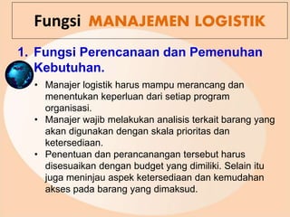 Fungsi MANAJEMEN LOGISTIK
1. Fungsi Perencanaan dan Pemenuhan
Kebutuhan.
• Manajer logistik harus mampu merancang dan
menentukan keperluan dari setiap program
organisasi.
• Manajer wajib melakukan analisis terkait barang yang
akan digunakan dengan skala prioritas dan
ketersediaan.
• Penentuan dan perancanangan tersebut harus
disesuaikan dengan budget yang dimiliki. Selain itu
juga meninjau aspek ketersediaan dan kemudahan
akses pada barang yang dimaksud.
 