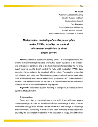 Mathematical modeling of a solar power plant under PWM control by the method of constant coefficient of short circuit current