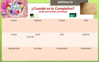 BIRTHDAYS!

                 ¿Cuando es tu Cumpleños?
                          (write your initials and #day)



  enero               febrero                  marzo         abril




  mayo                 junio                    julio       agosto
             N.M 23




septiembre            octubre               noviembre      diciembre
 