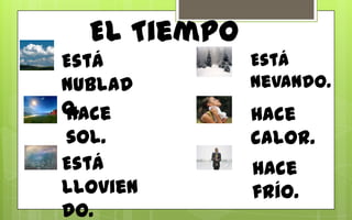 El Tiempo
Está          Está
nublad        Nevando.
o.
Hace          Hace
sol.          calor.
Está          Hace
llovien       frío.
do.
 