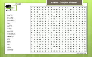 Numbers / Days of the Week
            marzo




CINCO
CUATRO
DOMINGO
DOS
JUEVES
LUNES
MARTES
MIERCOLES
SABADO
SEIS
SIETE
TRES
UNO
VIERNES
 
