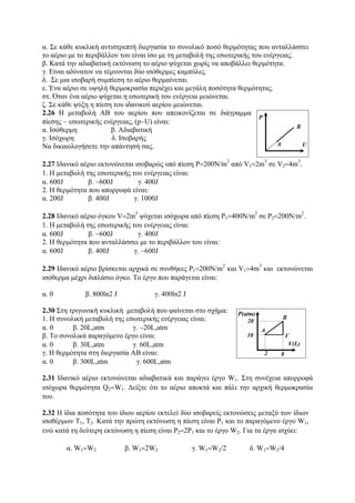 α. Σε κάθε κυκλική αντιστρεπτή διεργασία το συνολικό ποσό θερμότητας που ανταλλάσσει
το αέριο με το περιβάλλον του είναι ίσο με τη μεταβολή της εσωτερικής του ενέργειας.
β. Κατά την αδιαβατική εκτόνωση το αέριο ψύχεται χωρίς να αποβάλλει θερμότητα.
γ. Είναι αδύνατον να τέμνονται δύο ισόθερμες καμπύλες.
δ. Σε μια ισοβαρή συμπίεση το αέριο θερμαίνεται.
ε. Ένα αέριο σε υψηλή θερμοκρασία περιέχει και μεγάλη ποσότητα θερμότητας.
στ. Όταν ένα αέριο ψύχεται η εσωτερική του ενέργεια μειώνεται.
ζ. Σε κάθε ψύξη η πίεση του ιδανικού αερίου μειώνεται.
2.26 Η μεταβολή ΑΒ του αερίου που απεικονίζεται σε διάγραμμα
πίεσης − εσωτερικής ενέργειας, (p−U) είναι:
α. Ισόθερμη β. Αδιαβατική
γ. Ισόχωρη δ. Ισοβαρής
Να δικαιολογήσετε την απάντησή σας.
2.27 Ιδανικό αέριο εκτονώνεται ισοβαρώς υπό πίεση P=200N/m
2
από V1=2m
3
σε V2=4m
3
.
1. Η μεταβολή της εσωτερικής του ενέργειας είναι:
α. 600J β. −600J γ. 400J
2. Η θερμότητα που απορροφά είναι:
α. 200J β. 400J γ. 1000J
2.28 Ιδανικό αέριο όγκου V=2m
3
ψύχεται ισόχωρα από πίεση P1=400N/m
2
σε P2=200N/m
2
.
1. Η μεταβολή της εσωτερικής του ενέργειας είναι:
α. 600J β. −600J γ. 400J
2. Η θερμότητα που ανταλλάσσει με το περιβάλλον του είναι:
α. 600J β. 400J γ. −600J
2.29 Ιδανικό αέριο βρίσκεται αρχικά σε συνθήκες P1=200N/m
2
και V1=4m
3
και εκτονώνεται
ισόθερμα μέχρι διπλάσιο όγκο. Το έργο που παράγεται είναι:
α. 0 β. 800ln2 J γ. 400ln2 J
2.30 Στη τριγωνική κυκλική μεταβολή που φαίνεται στο σχήμα:
1. Η συνολική μεταβολή της εσωτερικής ενέργειας είναι:
α. 0 β. 20L,atm γ. −20L,atm
β. Το συνολικά παραγόμενο έργο είναι:
α. 0 β. 30L,atm γ. 60L,atm
γ. Η θερμότητα στη διεργασία ΑΒ είναι:
α. 0 β. 300L,atm γ. 600L,atm
2.31 Ιδανικό αέριο εκτονώνεται αδιαβατικά και παράγει έργο W1. Στη συνέχεια απορροφά
ισόχωρα θερμότητα Q2=W1. Δείξτε ότι το αέριο αποκτά και πάλι την αρχική θερμοκρασία
του.
2.32 Η ίδια ποσότητα του ίδιου αερίου εκτελεί δύο ισοβαρείς εκτονώσεις μεταξύ των ίδιων
ισοθέρμων Τ1, Τ2. Κατά την πρώτη εκτόνωση η πίεση είναι P1 και το παραγόμενο έργο W1,
ενώ κατά τη δεύτερη εκτόνωση η πίεση είναι P2=2P1 και το έργο W2. Για τα έργα ισχύει:
α. W1=W2 β. W1=2W2 γ. W1=W2/2 δ. W1=W2/4
 