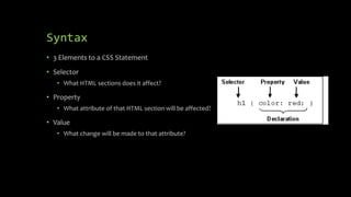 Syntax
• 3 Elements to a CSS Statement
• Selector
• What HTML sections does it affect?
• Property
• What attribute of that HTML section will be affected?
• Value
• What change will be made to that attribute?
 