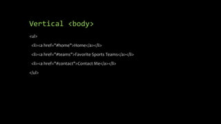 Vertical <body>
<ul>
<li><a href="#home">Home</a></li>
<li><a href="#teams">Favorite Sports Teams</a></li>
<li><a href="#contact">Contact Me</a></li>
</ul>
 