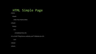 HTML Simple Page
<html>
<head>
<title>Your Name</title>
</head>
<body>
<ul>
<li>Bulleted Text</li>
<li><a href="http://www.website.com">Website</a></li>
</ul>
</body>
</html>
 