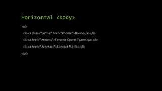 Horizontal <body>
<ul>
<li><a class="active" href="#home">Home</a></li>
<li><a href="#teams">Favorite Sports Teams</a></li>
<li><a href="#contact">Contact Me</a></li>
</ul>
 